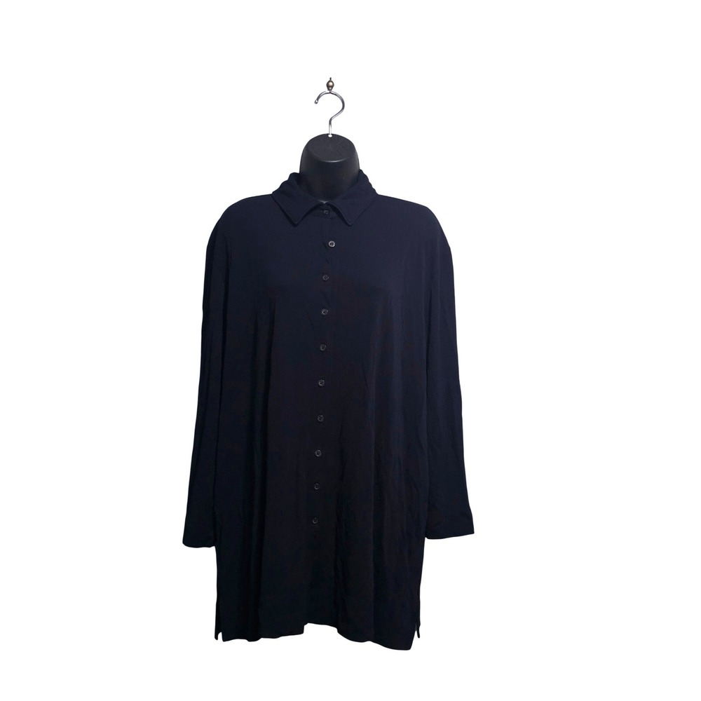 Josephine Chaus Woman Navy Blue Button Down Tunic Top Size 2 Long Sleeve